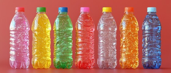 Eight plastic bottles, filled with vibrant, colorful liquids, arranged in a row against a solid red backdrop