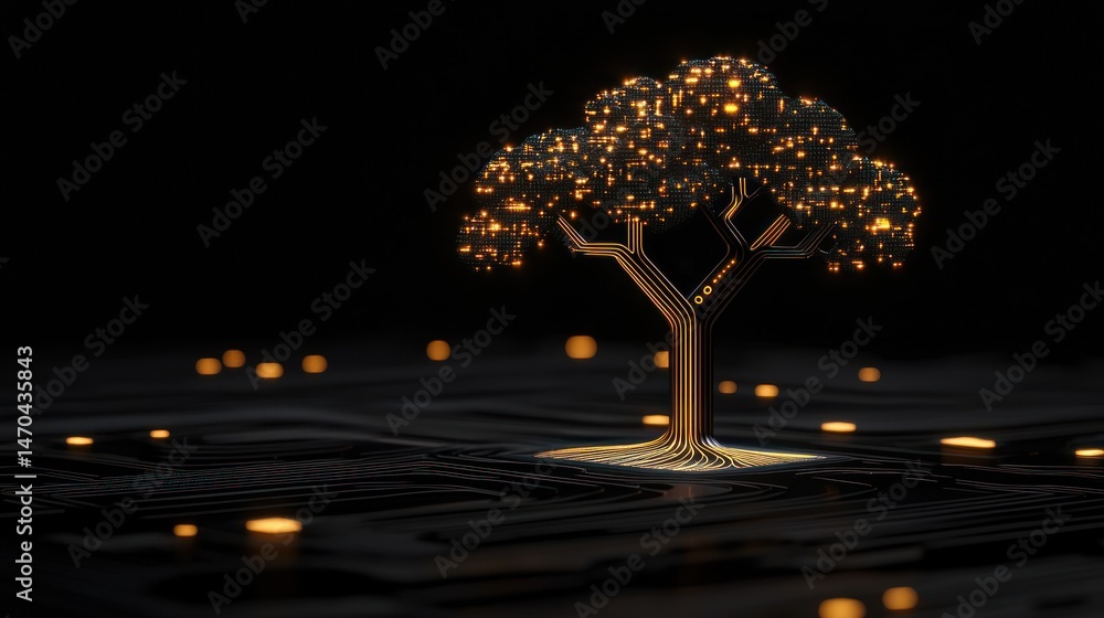 Poster An Illuminated Tree Resembling Circuitry Illuminated Against Darkness