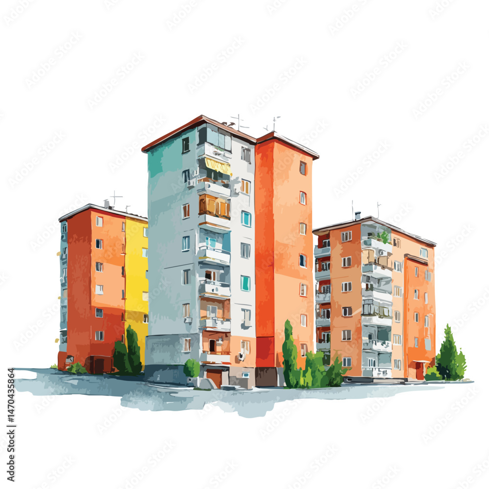 Poster row of three buildings with a tree in front of the middle one. the buildings are red and yellow