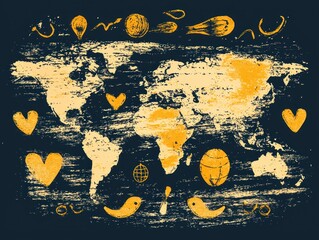 A textured world map in pale yellow, surrounded by small, hand-drawn icons like hearts, birds, and globes on a dark background