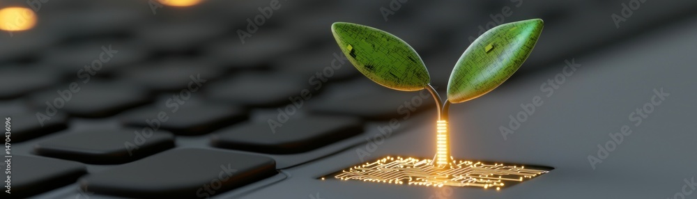 Poster green leaves emerging from electronic circuit board keyboard keys