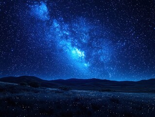 A breathtaking night scene showcases a vibrant Milky Way galaxy arching over a tranquil landscape of rolling hills and a field of wildflowers under a starlit sky