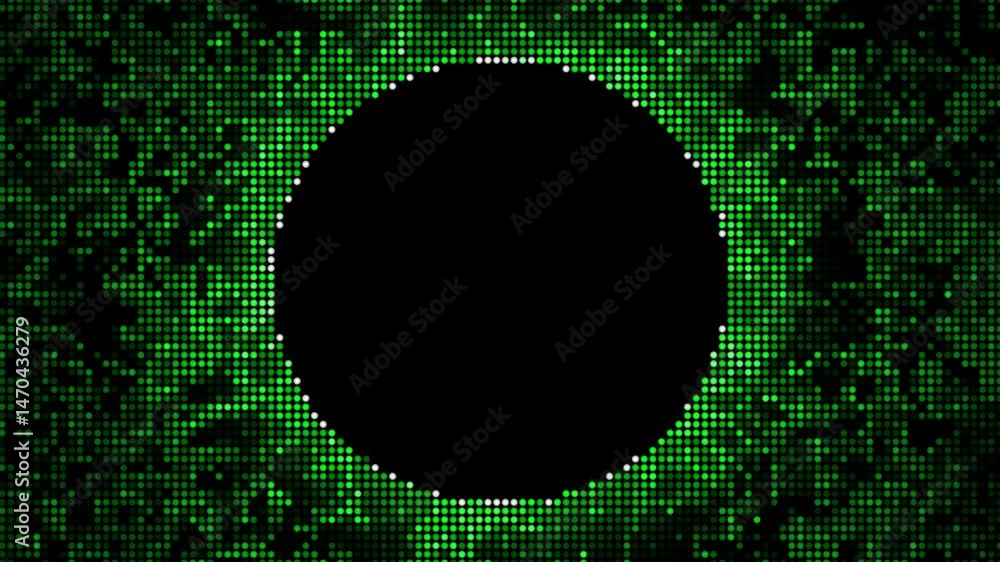 Poster green circle frame surrounded by colorful flowing particles on 4k black background, suitable for pro