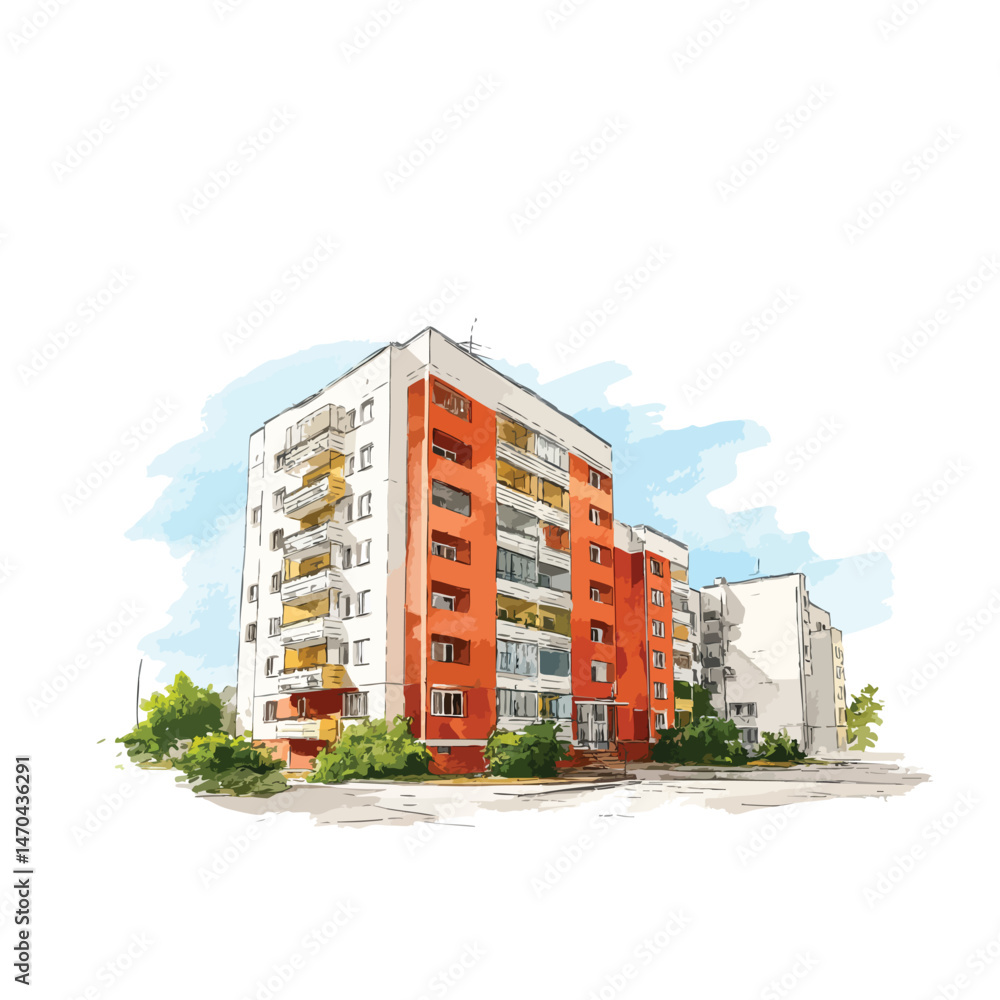 Poster large red building with balconies. the building is located in a city. the building has a lot of wind