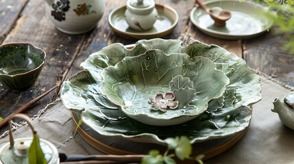 A still life of green ceramic leaf shaped bowls and plates on a wooden table with other tableware