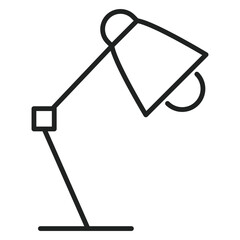 Adjustable desk lamp with a shade and a stand sitting on a flat surface in editable thin outline. Vector illustration