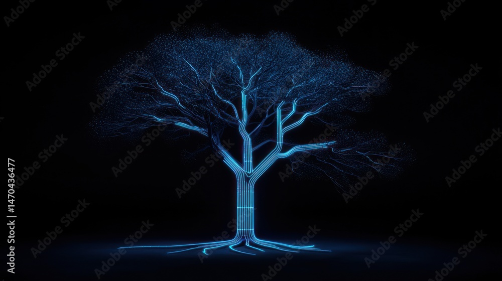 Poster A glowing tree image with branches and roots on black backdrop