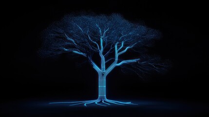 A glowing tree image with branches and roots on black backdrop