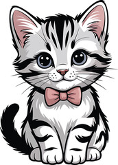 Adorable cartoon illustration of a gray and white kitten with a pink bow tie