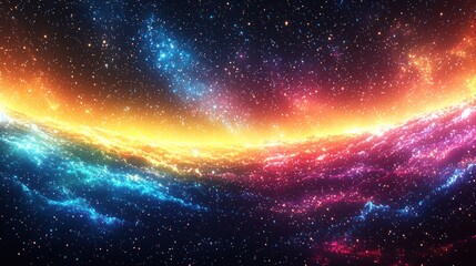 A vibrant cosmic scene with glowing nebulae in hues of blue, orange, and pink, swirling across a backdrop of countless stars