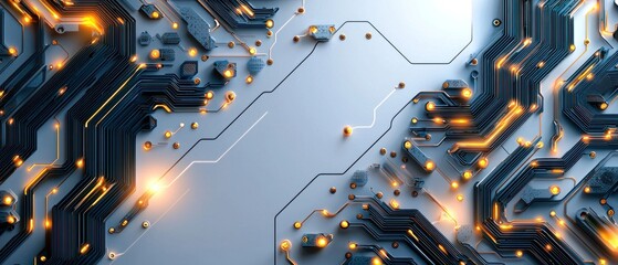 Abstract digital circuitry, glowing lines and connectors on a light grey surface