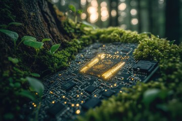 Nature embraces technology: A luminous circuit board nestled amidst moss and greenery, blurring the lines between digital and organic.