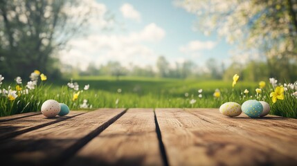 Wooden table with easter eggs and blurred spring meadow background