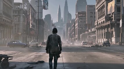 a man walks through a ruined city, collapsing buildings and empty streets around