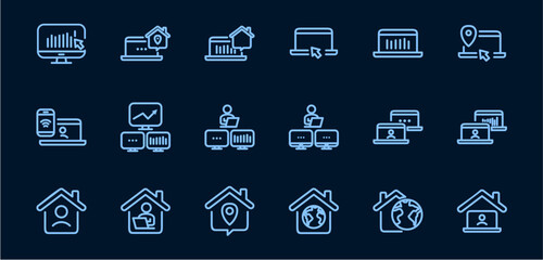 Remote Work Line Icons . Freelancer Work from Home, Video Call, Online Meeting, Teleconference Vector Set