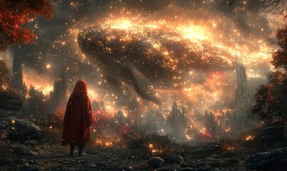 A cloaked figure gazes upon a colossal, fiery whale in a mystical, burning landscape