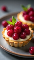 Fresh raspberries topping a creamy tart on a plate, highlighting vibrant colors and delicious textures in a close-up view