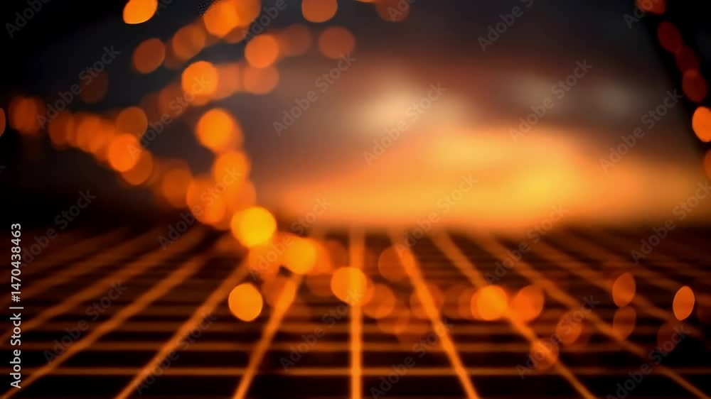Poster abstract image showcasing blurred orange spheres forming a grid over a hazy dark background