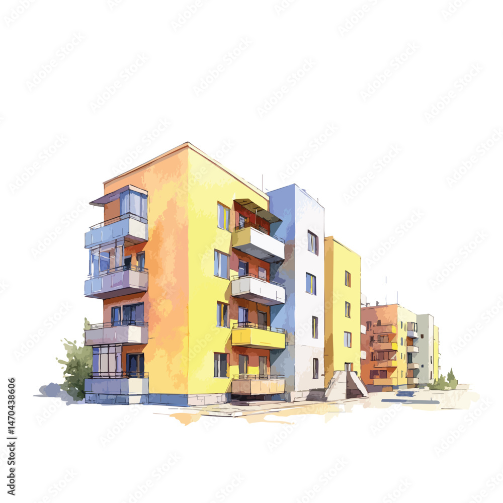 Poster yellow building with a balcony. the building is next to a green tree. there are two other buildings 