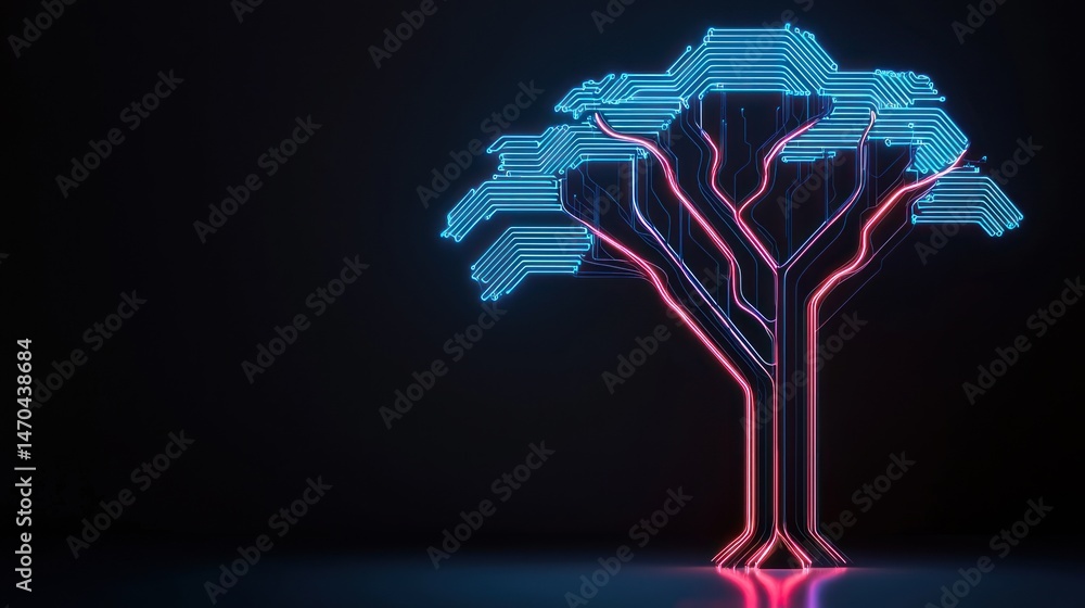 Poster a digital representation of a glowing electronic circuit tree