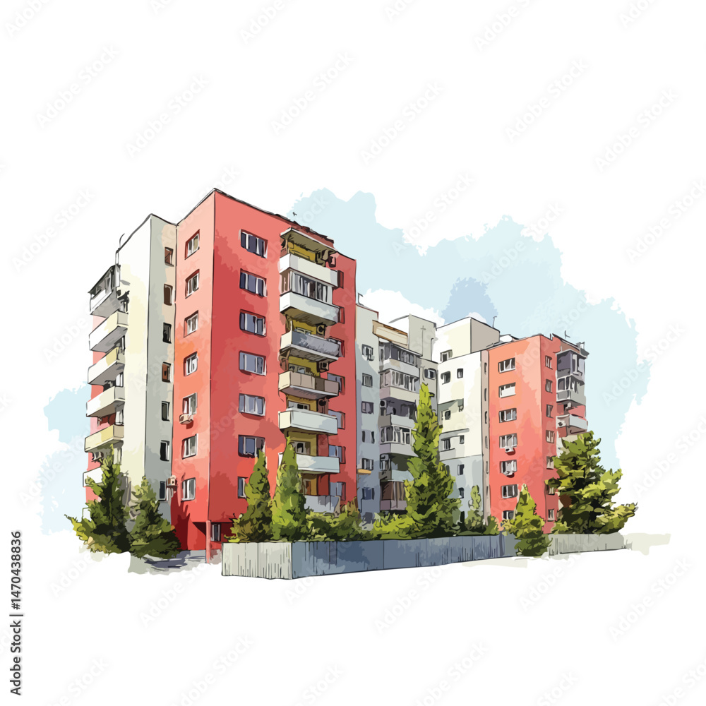 Poster red building with a white trim. the building has a lot of windows and balconies. there are trees in 