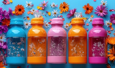 Colorful plastic bottles filled with decorative elements, surrounded by flowers and confetti on a blue background