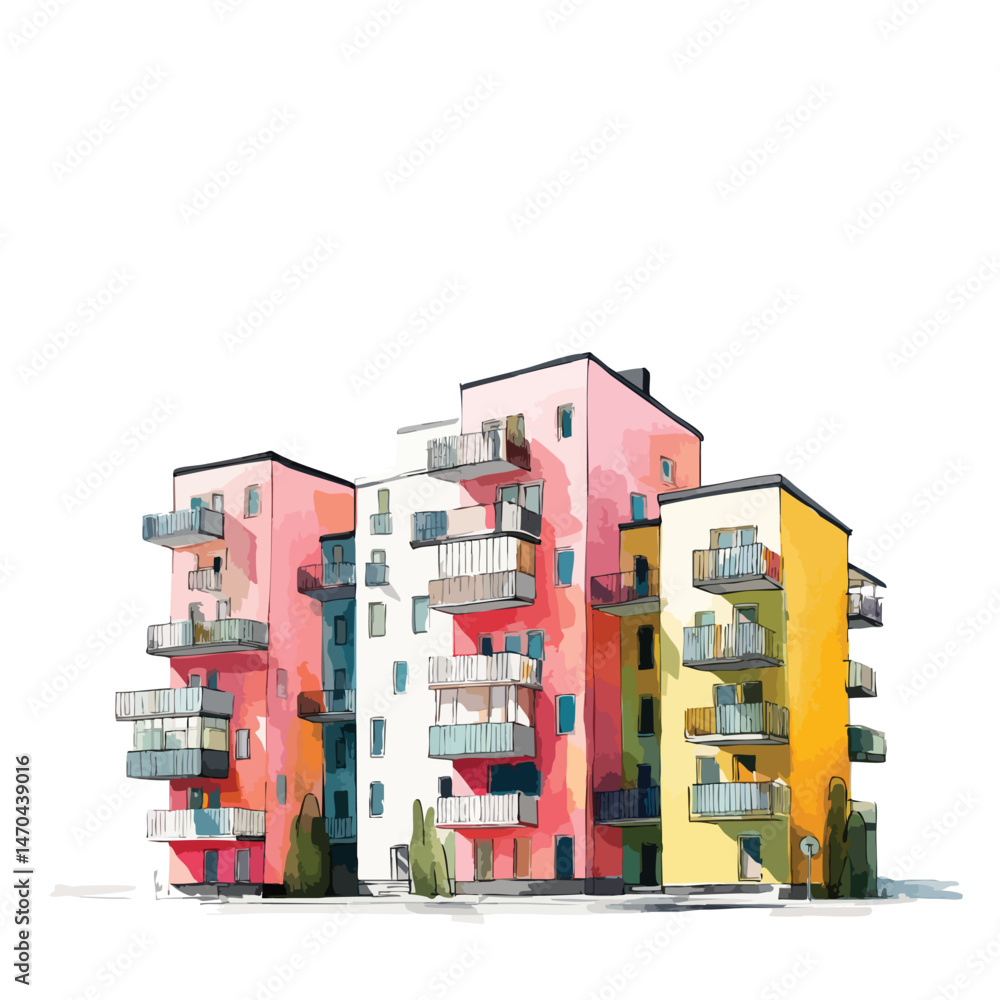 Poster building with pink and yellow colors. the building has balconies and windows. the building is in the
