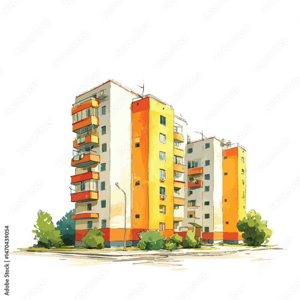 Poster large orange building with balconies. the building is located in a city. there are trees in front of