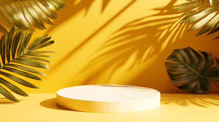 Obraz premium Tropical Leaves and Shadows on a Yellow Background with a Platform