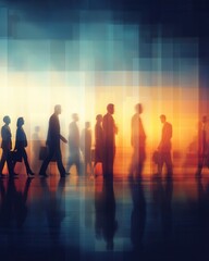 Silhouettes of people walking in a vibrant, abstract cityscape, blending colors and shapes that evoke motion and urban life