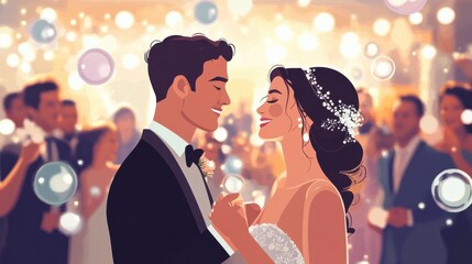 Young newlyweds enjoying romantic moment together at wedding reception outside, wedding guests in background blowing bubbles illustration , no logos, no brands