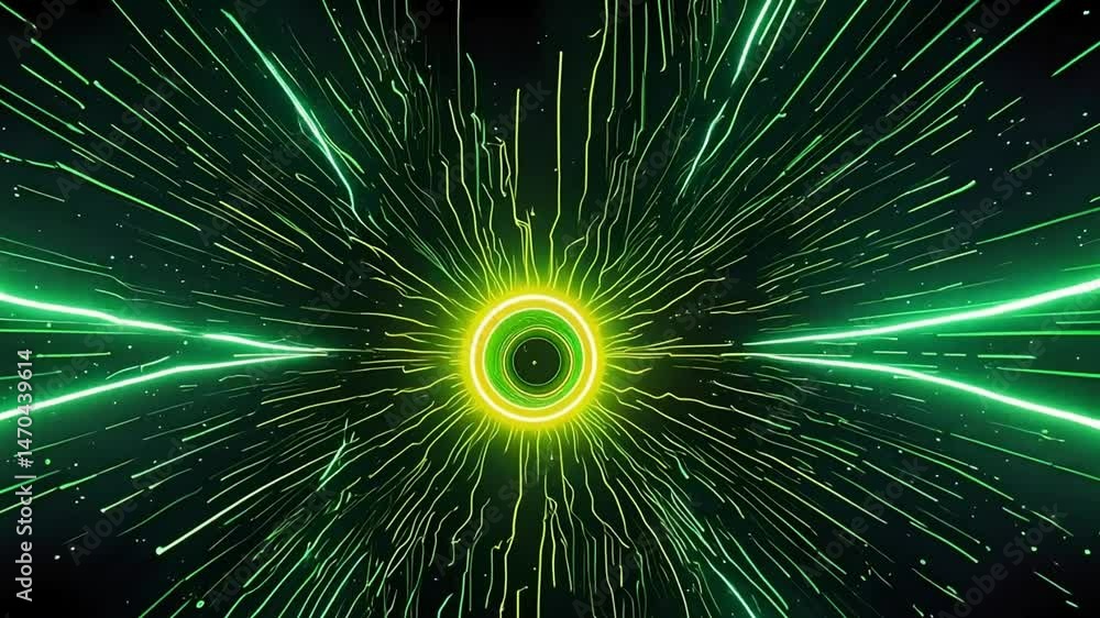 Poster an abstract rendering features green and yellow luminous lines emanating from a central portal