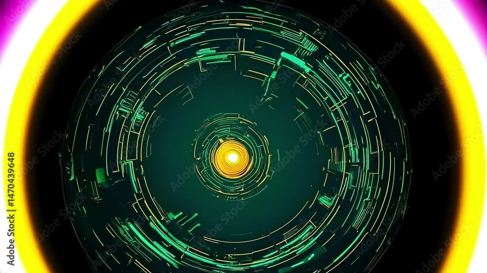 Poster abstract sphere with glowing core surrounded by layered circuitry and vibrant cosmic halo effect