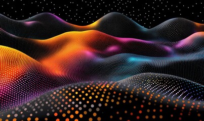 Vibrant, undulating hills of light and color, created from countless small dots.  The dark background emphasizes the luminescence