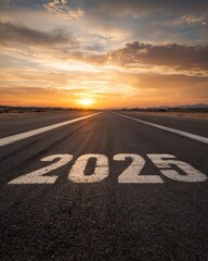 A runway marked with "2025" stretches toward a vibrant sunset, blending the beauty of nature with a sense of forward-looking optimism