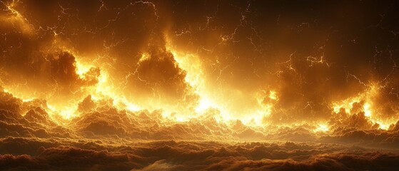 Fiery, golden clouds fill the sky, a breathtaking celestial panorama.  Intense light illuminates the dramatic cloudscape