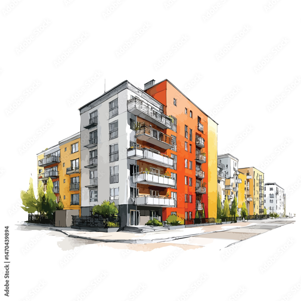 Poster building with a red and yellow facade. the building is tall and has a balcony. there are trees in fr