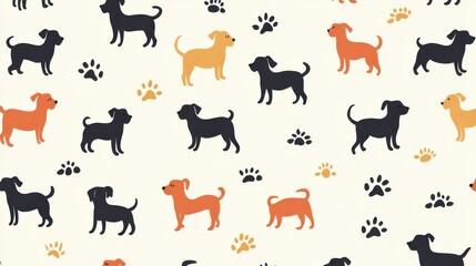 Seamless pattern with dogs of different breeds, dog tracks. Animal background. Design for card, announcement, advertisement, banner or print. illustration , no logos, no brands