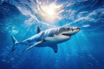 Obraz premium A great white shark swims gracefully in clear blue water, illuminated by sunlight filtering through the surface, surrounded by smaller fish