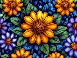 Vibrant floral pattern with orange and purple flowers, lush green leaves, and dark background