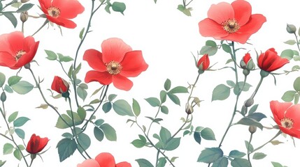 wild rose on white background seamless pattern illustration , no logos, no brands