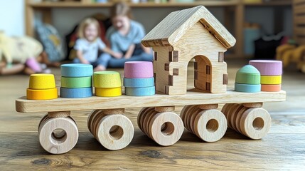 Wooden toy train with pastel-colored stacking cylinders and a house-shaped structure.  Ideal for imaginative play and developing fine motor skills