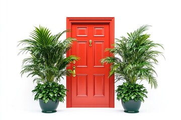 A vibrant red door stands between two lush green potted palms against a clean white background, creating a striking contrast.