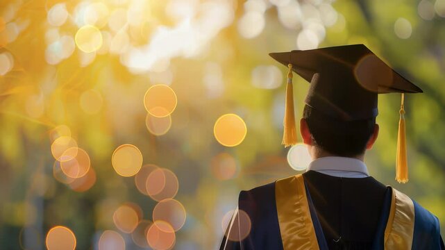 A graduate in academic regalia, facing forward with a graduation cap and gown. The background is filled with blurry golden lights, adding a sense of celebration.
