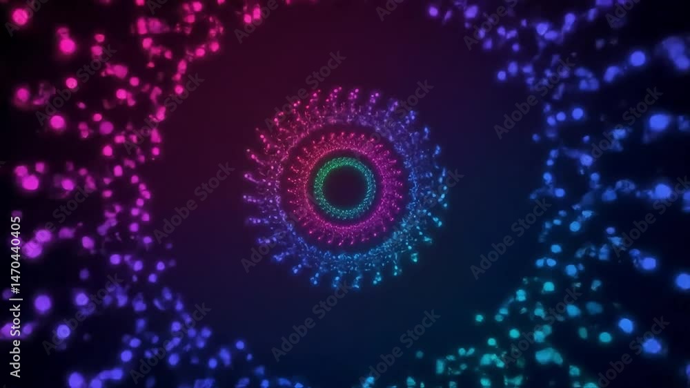 Poster a vibrant abstract design features concentric circles of glowing dots against a dark backdrop