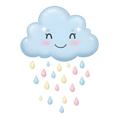 A joyful blue cloud with animated raindrops in multiple colors.
