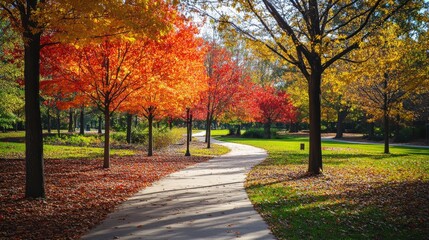 Naklejka premium Autumnal path through a park bathed in sunlight.