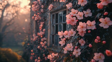 Cherry blossom set against backdrop of abandoned ivy covered mansion where contrast between decaying structure fresh delicate flower creates poetic tension Captured 35mm prime lens f4 soft morning