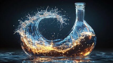 A glass bottle filled with liquid, surrounded by a dynamic splash forming a swirling wave.  The liquid glows with inner light