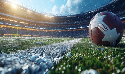 A wet football rests on a rain-soaked field,  stadium lights gleaming in the background